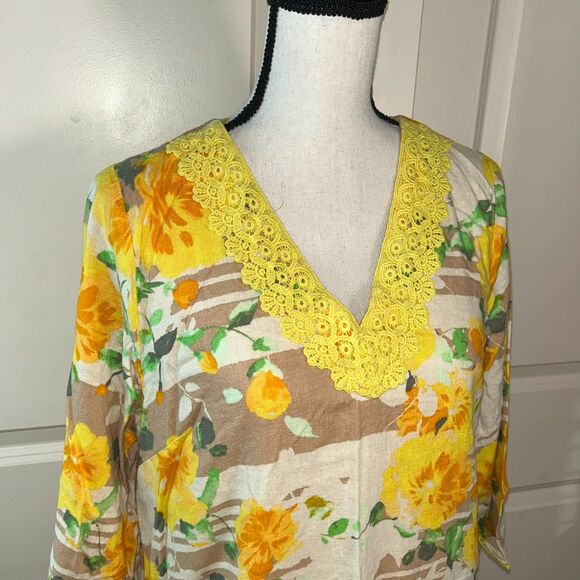 Isaac Mizrahi Live! Linen Blend Floral Dress Yellow Roses Size L Boho Tunic - Picture 5 of 8